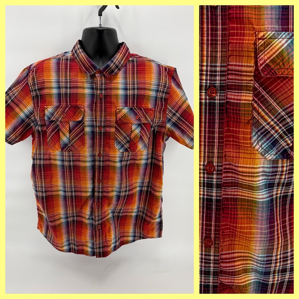 prAna Men's Large Orange Purple Plaid Organic Cotton‎ Blend Short Sleeve Shirt